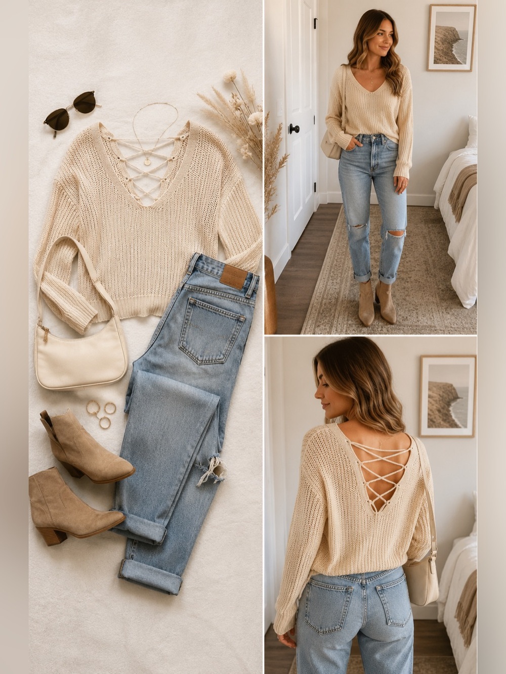 American Rag Cie Cream Open Knit Lace-Up Back Sweater M Boho Y2K